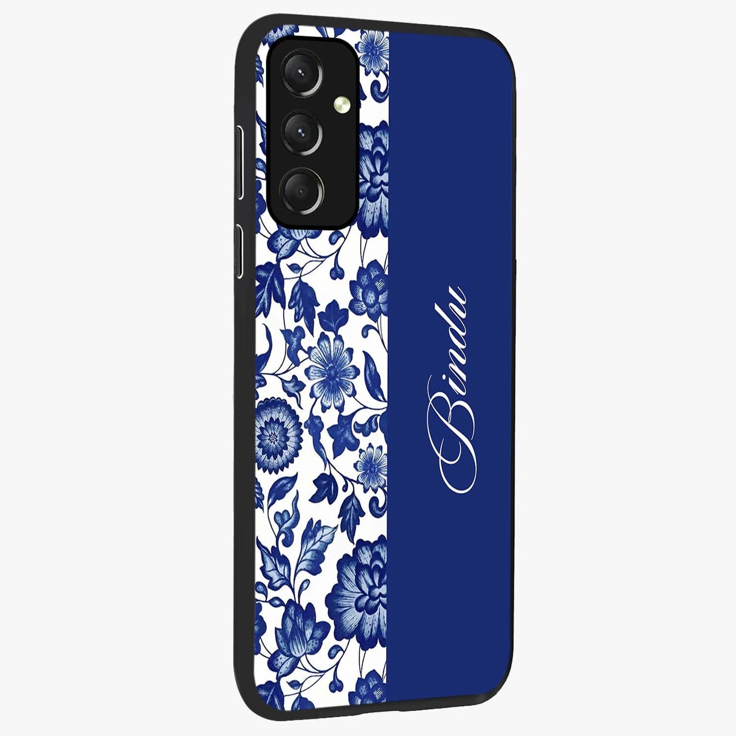 Blue Vintage Floral Pattern Glass Case upright view showcasing delicate blush floral texture with modern minimal style.