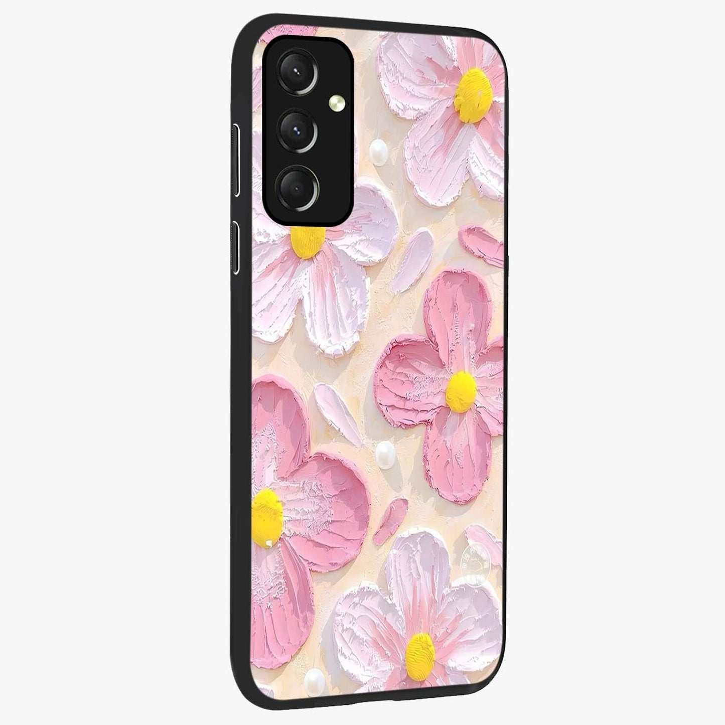 Blush Bloom Texture Glass Case upright view showcasing delicate blush floral texture with modern minimal style.