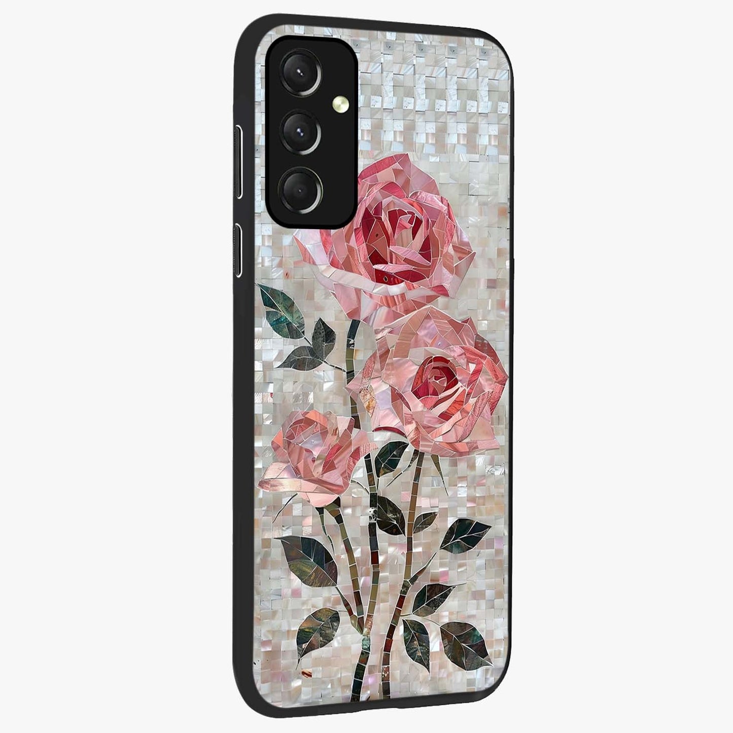 Blush Mosaic Bloom Glass Case upright view showcasing decorative floral mosaic artwork with stylish modern aesthetic.