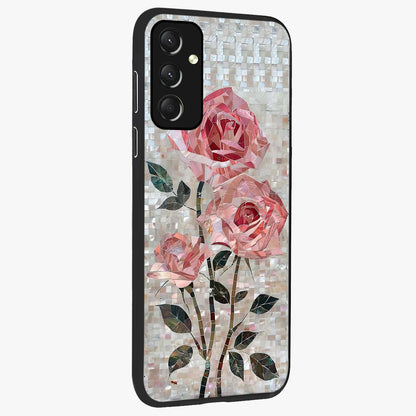 Blush Mosaic Bloom Glass Case upright view showcasing decorative floral mosaic artwork with stylish modern aesthetic.