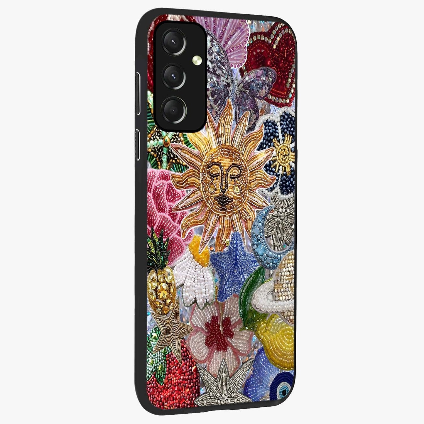 Celestial Floral and Playful Glass Case upright view showcasing whimsical floral artwork with cosmic aesthetic theme.