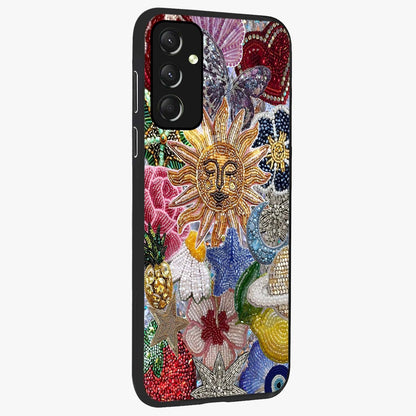 Celestial Floral and Playful Glass Case upright view showcasing whimsical floral artwork with cosmic aesthetic theme.