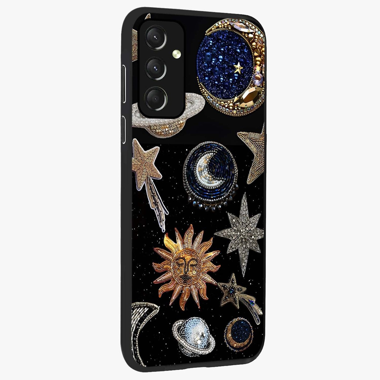 Celestial Gem Constellations Glass Case upright view showcasing cosmic constellation artwork with celestial aesthetic style.