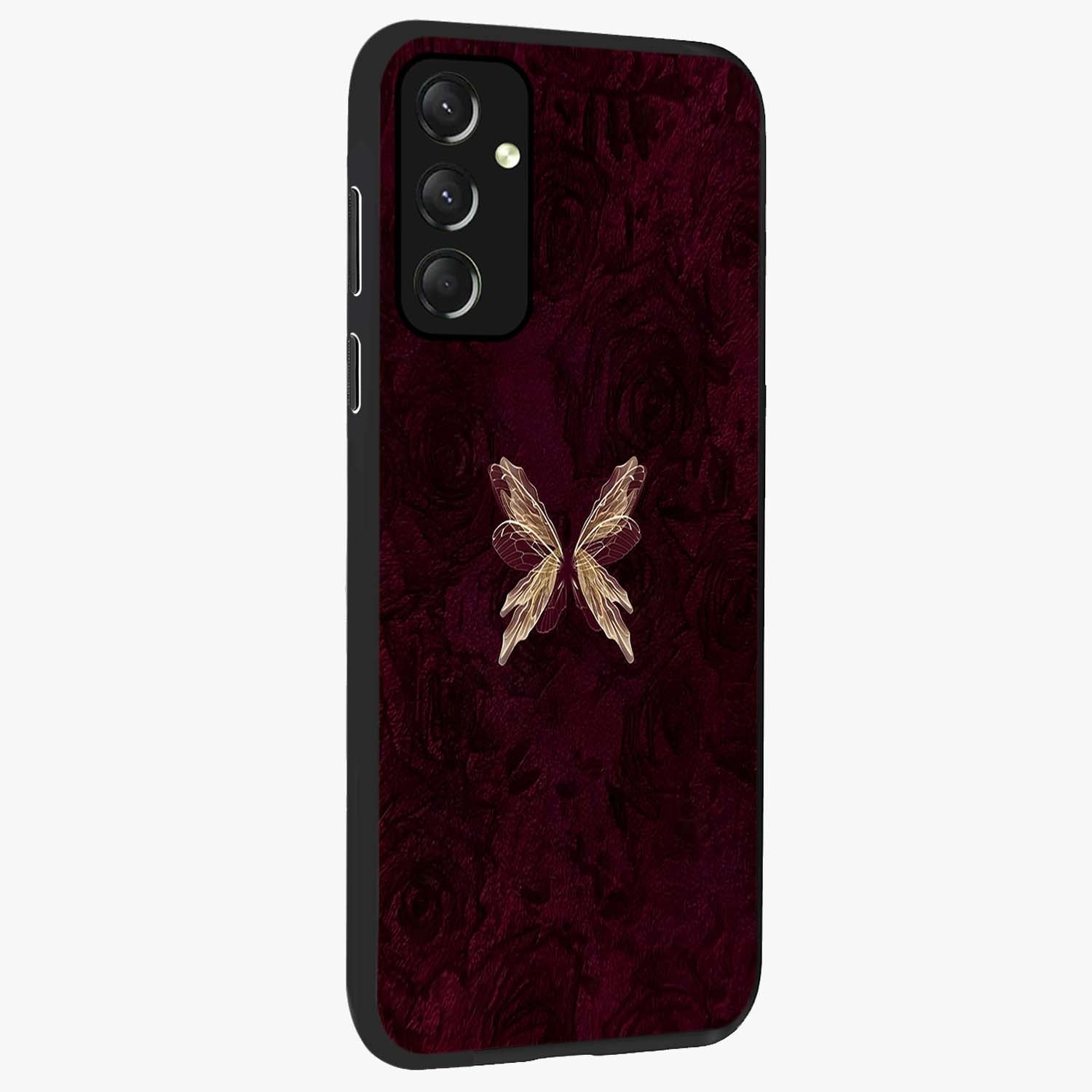 Crimson Fade Butterfly Glass Case upright view showcasing graceful butterfly artwork with soft crimson fade effect.