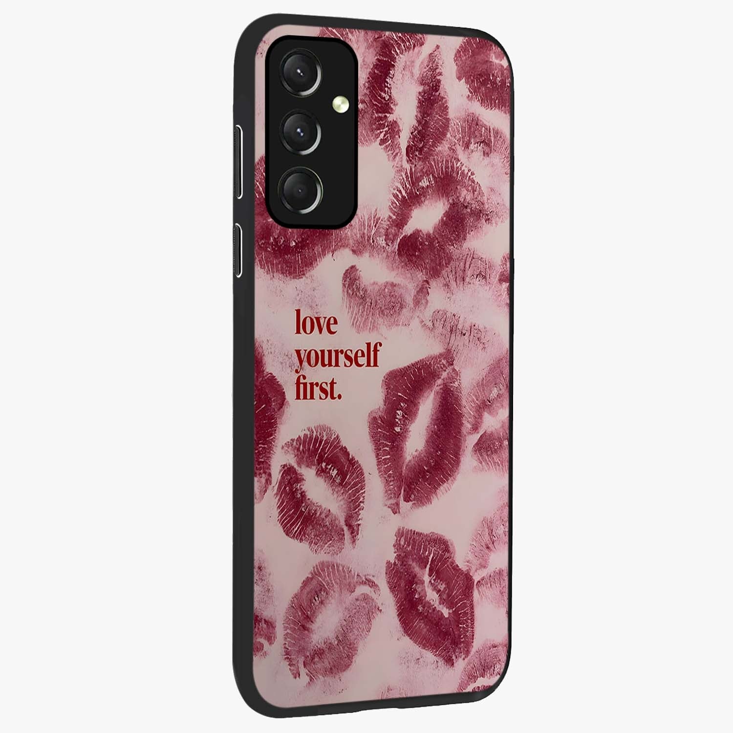 Crimson Kiss Love Glass Case upright view showcasing expressive romantic artwork with deep crimson theme.