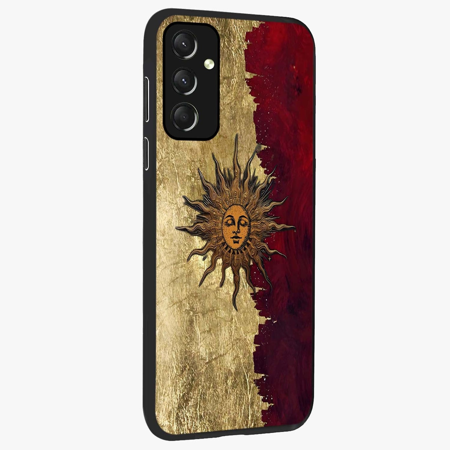 Crimson Sun Majesty Glass Case upright view showcasing vibrant sun artwork with powerful celestial theme.