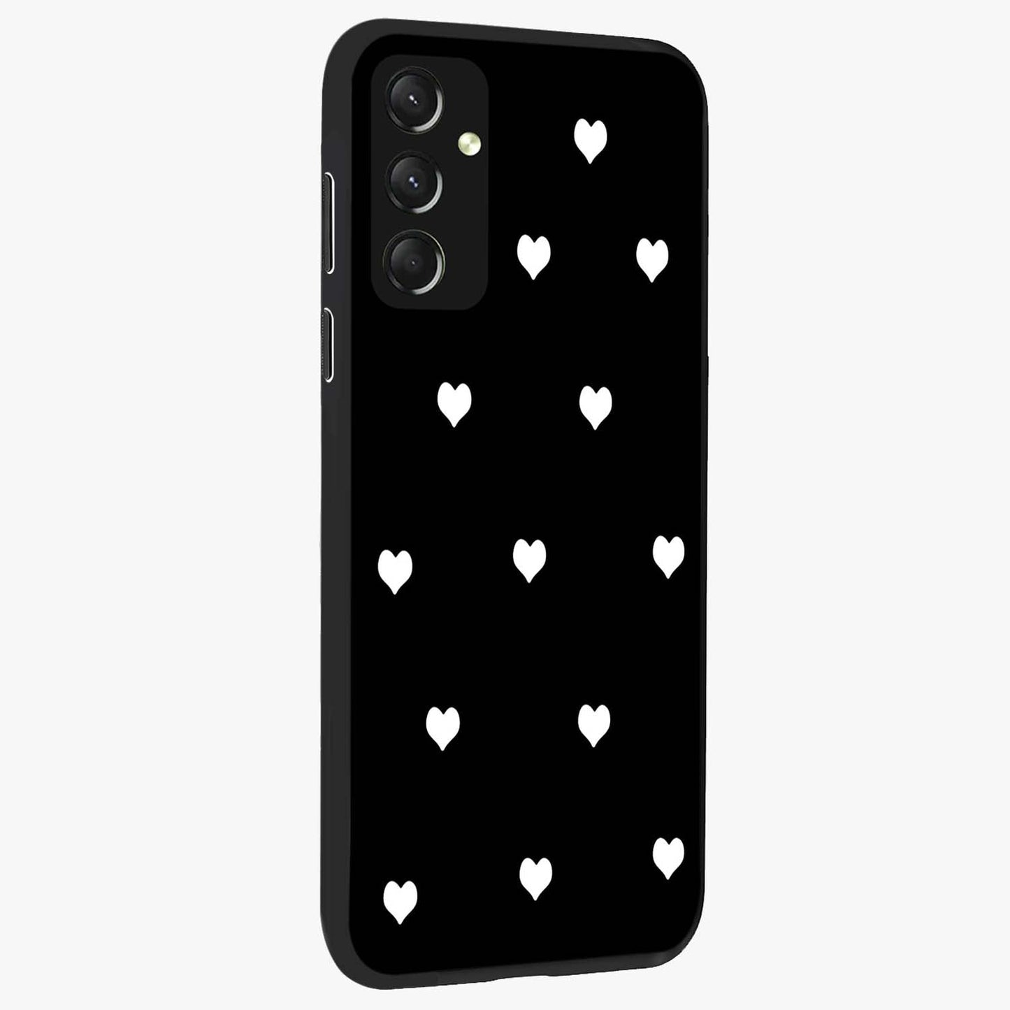 Cute And Simple White Hearts Glass Case upright view showcasing simple white hearts artwork with soft minimal theme.