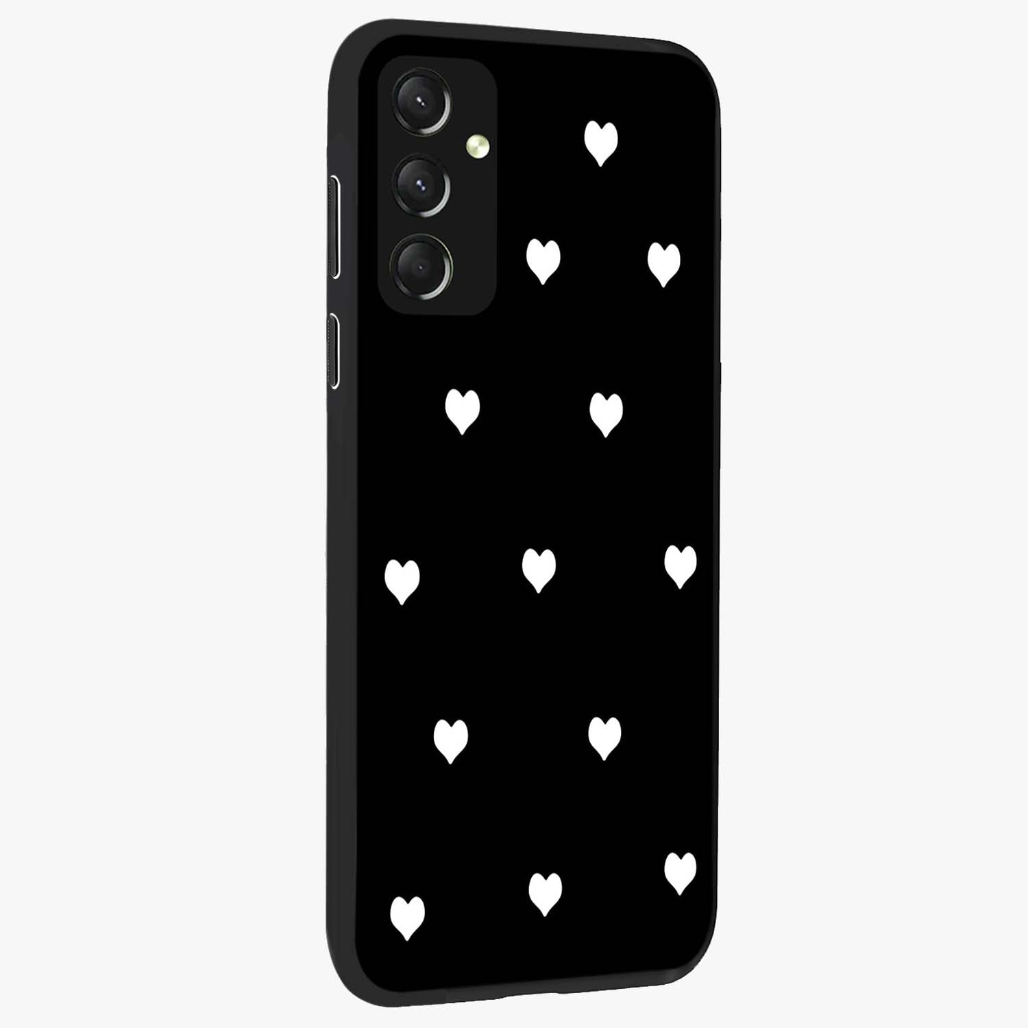 Cute And Simple White Hearts Glass Case upright view showcasing simple white hearts artwork with soft minimal theme.
