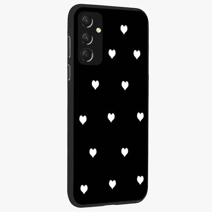 Cute And Simple White Hearts Glass Case upright view showcasing simple white hearts artwork with soft minimal theme.