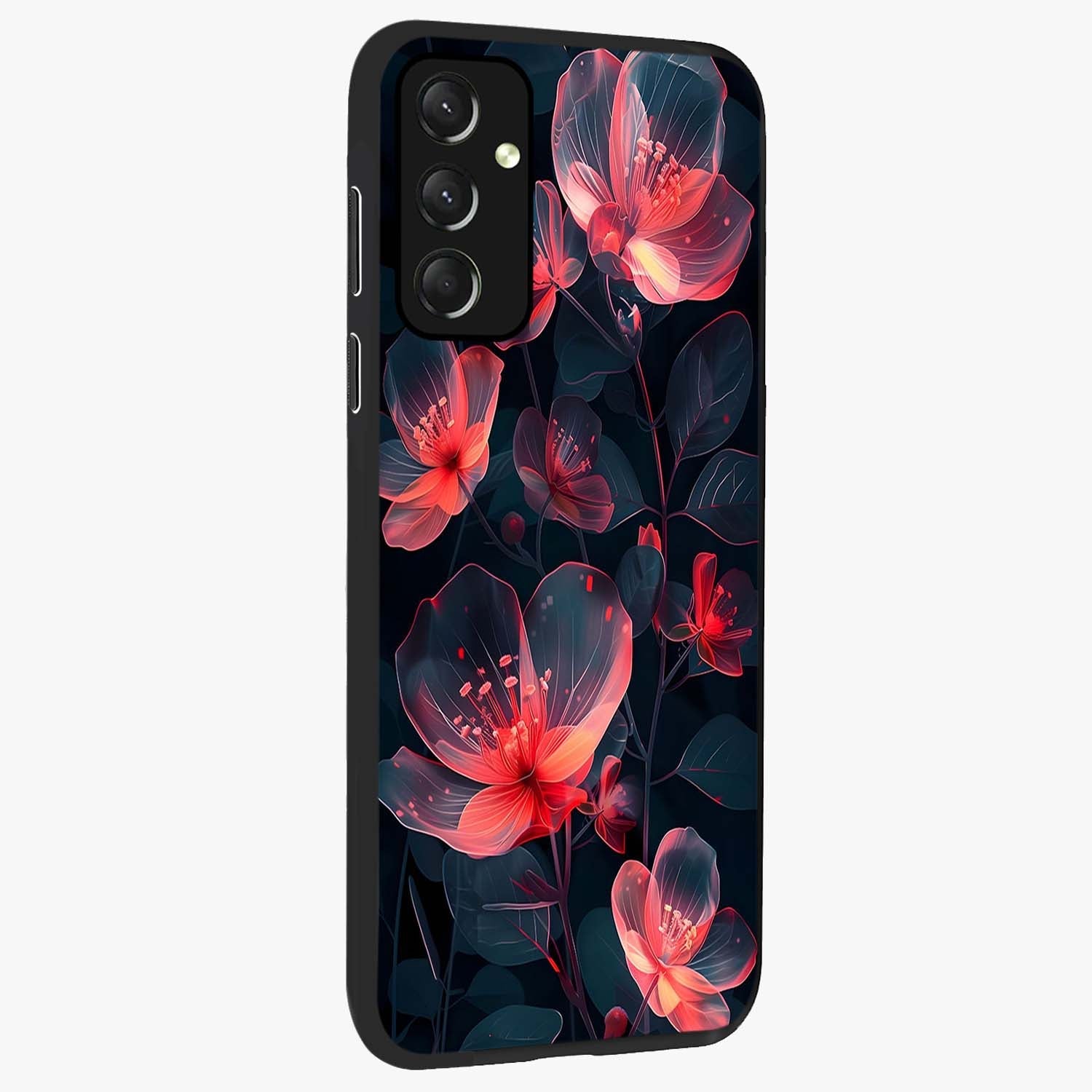Dark Shade of Flower Glass Case upright view showcasing delicate flower artwork with rich dark floral theme.
