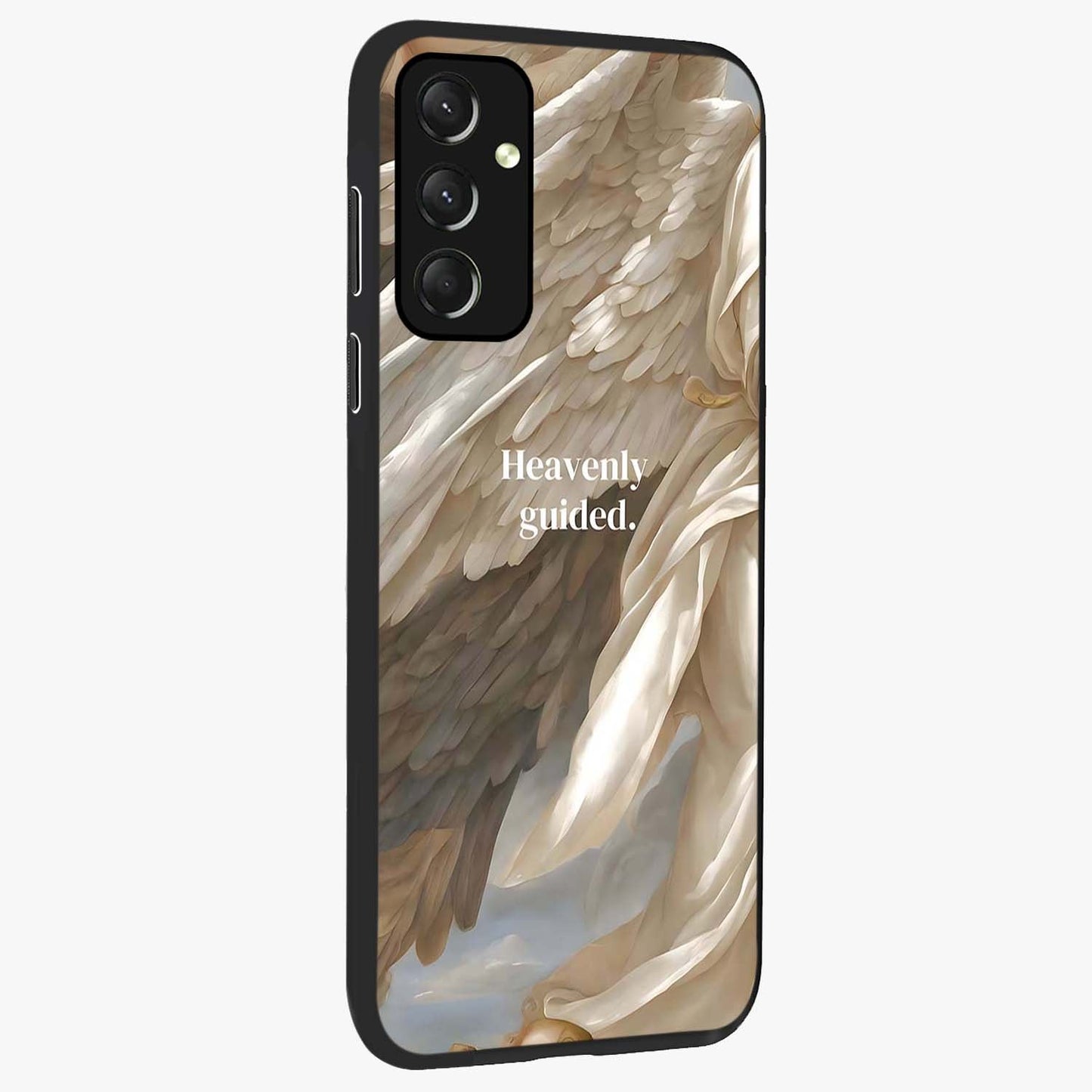 Divine Winged Grace Glass Case upright view showcasing spiritual wing artwork with soft celestial theme.