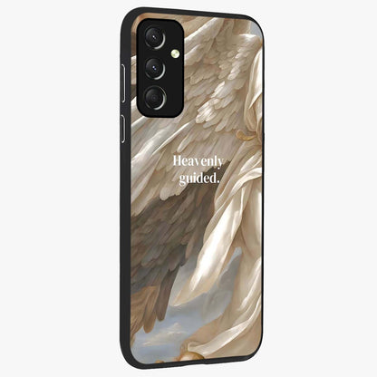 Divine Winged Grace Glass Case upright view showcasing spiritual wing artwork with soft celestial theme.