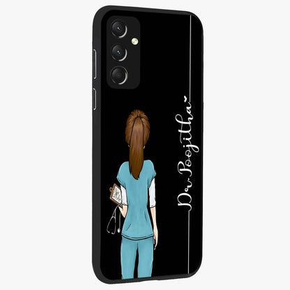 Doctor Pattern Custom Name Glass Case upright view showcasing healthcare themed design with personalized aesthetic.