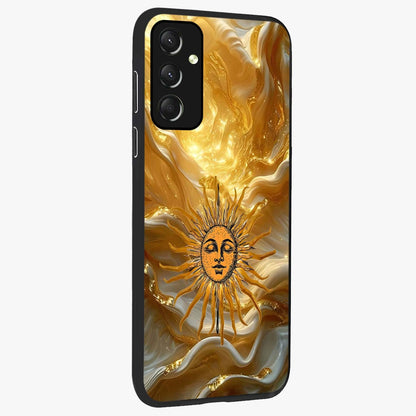 Eternal Golden Glow Glass Case upright view showcasing luminous golden artwork with luxurious visual theme.