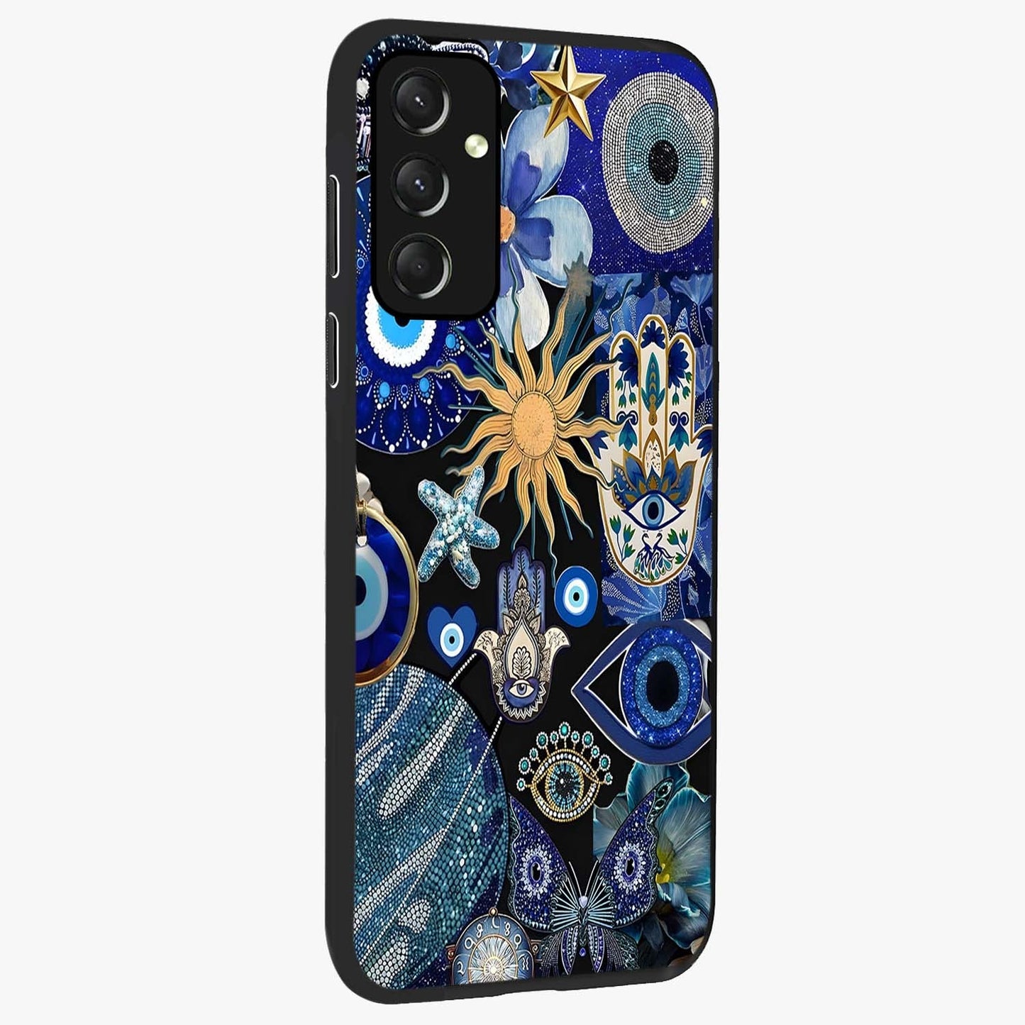 Evil Eye Charm Mix Glass Case upright view showcasing mystical evil eye pattern with vibrant decorative style.