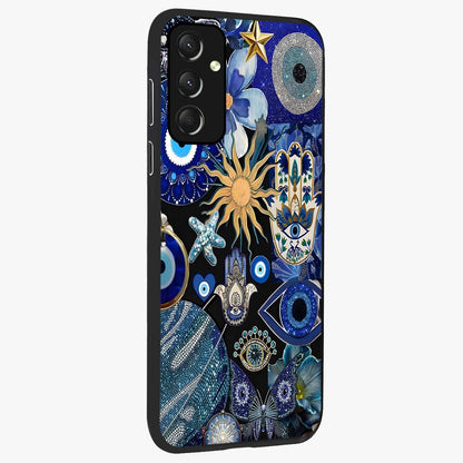 Evil Eye Charm Mix Glass Case upright view showcasing mystical evil eye pattern with vibrant decorative style.