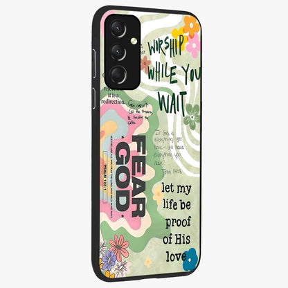 Faith Over Fear Glass Case upright view showcasing bold typography artwork with uplifting motivational theme.