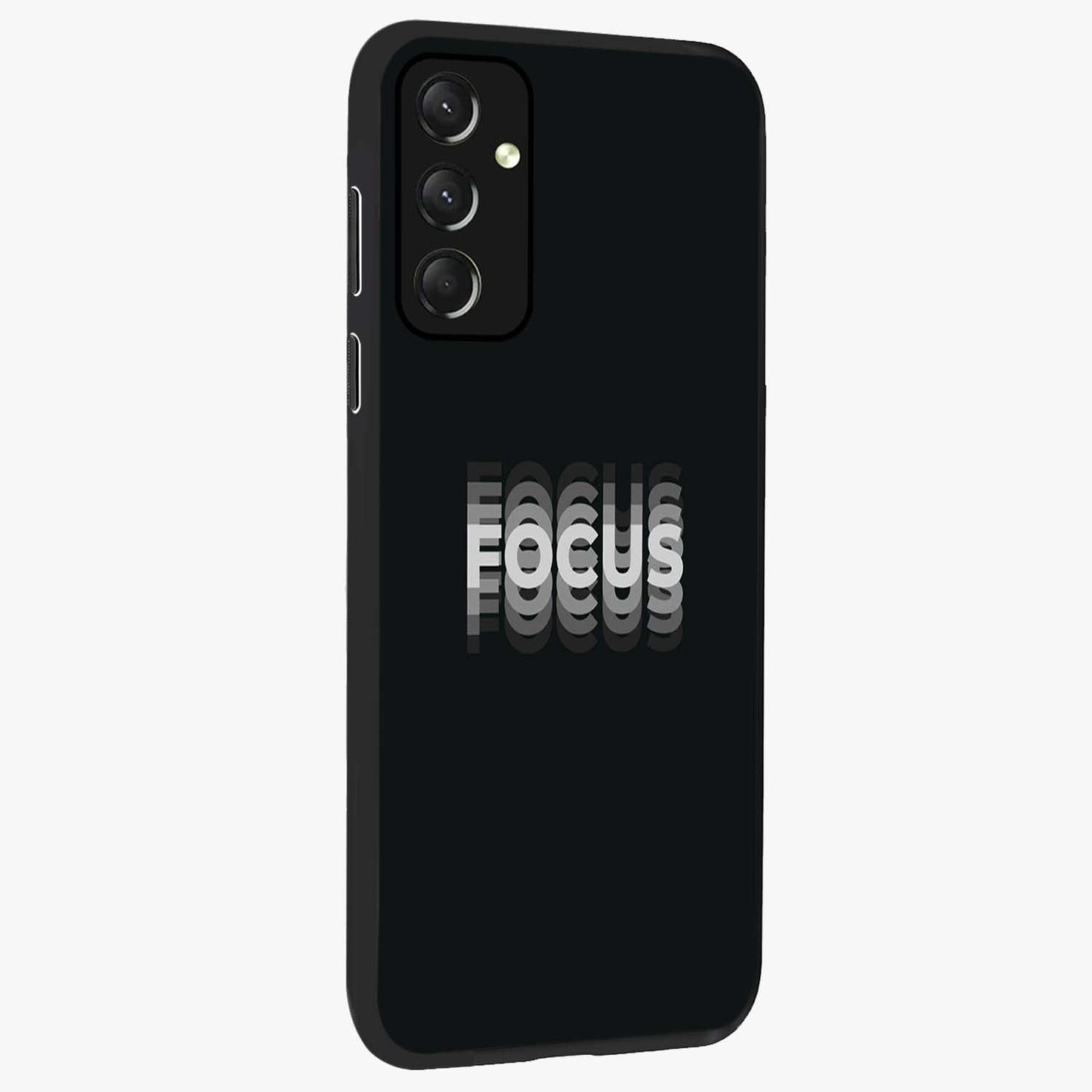 Focus Mode On Glass Case upright view showcasing strong typography statement with sleek motivational theme.