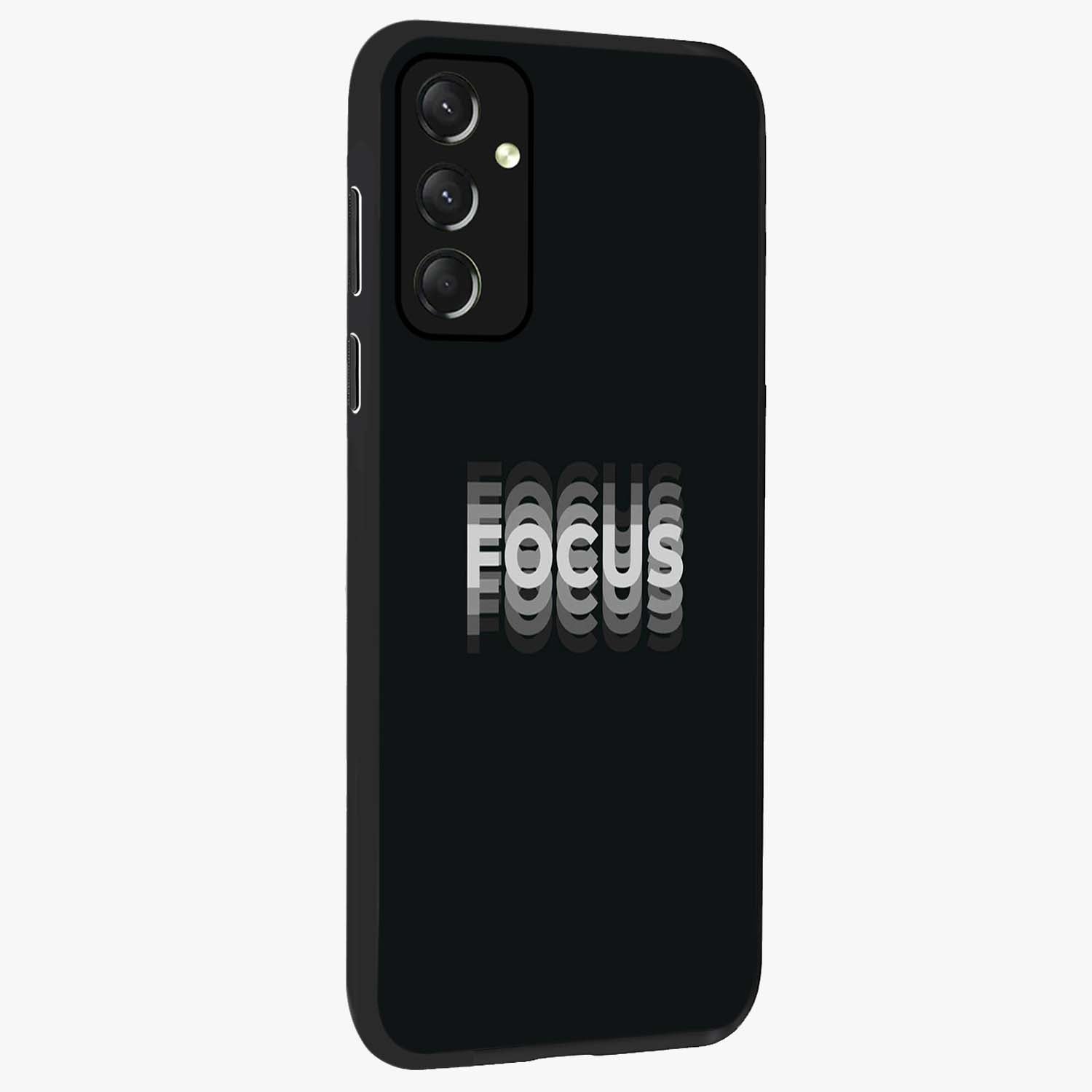 Focus Mode On Glass Case upright view showcasing strong typography statement with sleek motivational theme.