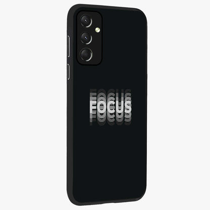 Focus Mode On Glass Case upright view showcasing strong typography statement with sleek motivational theme.