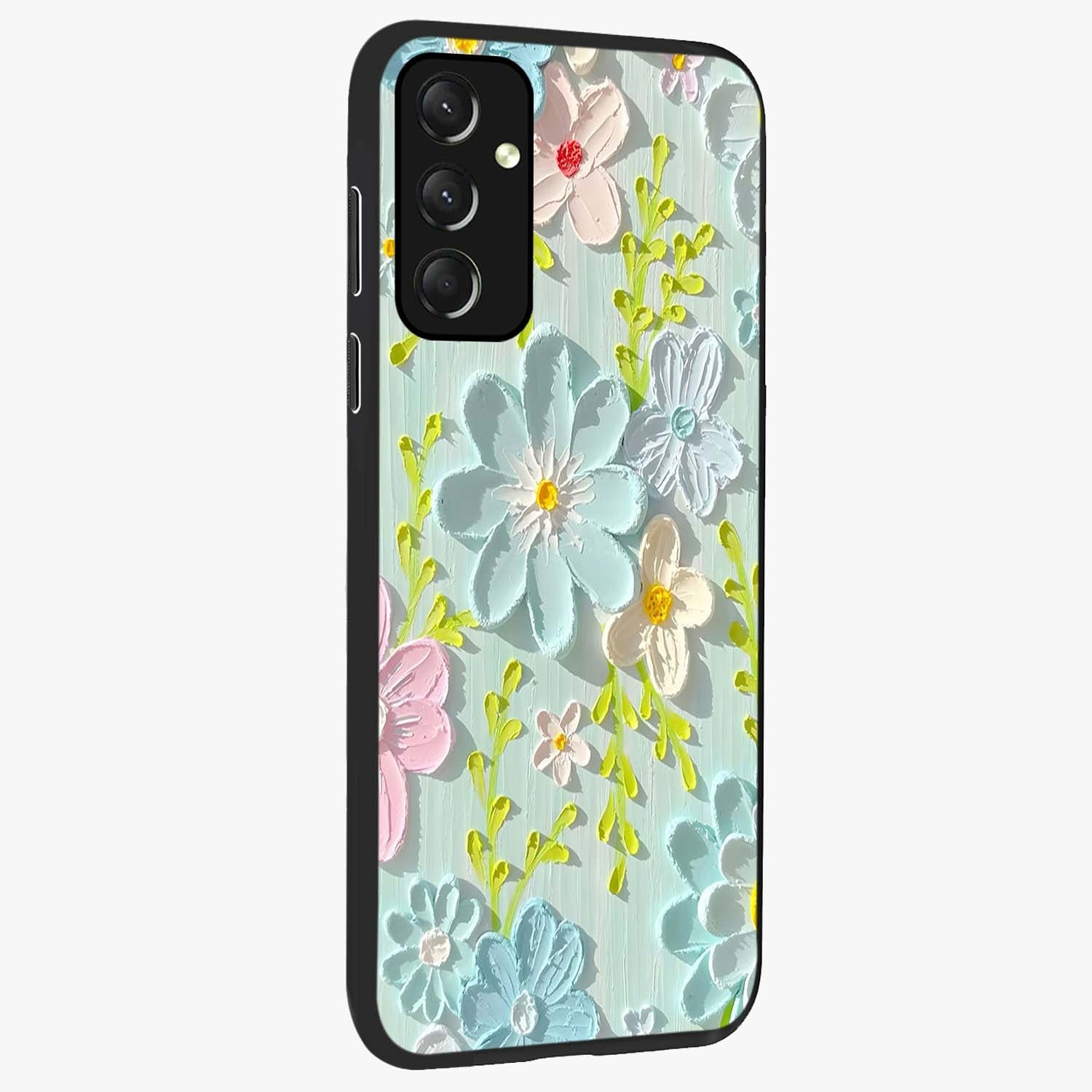 Frosted Petal Garden Glass Case upright view showcasing elegant floral garden artwork with soothing pastel theme.