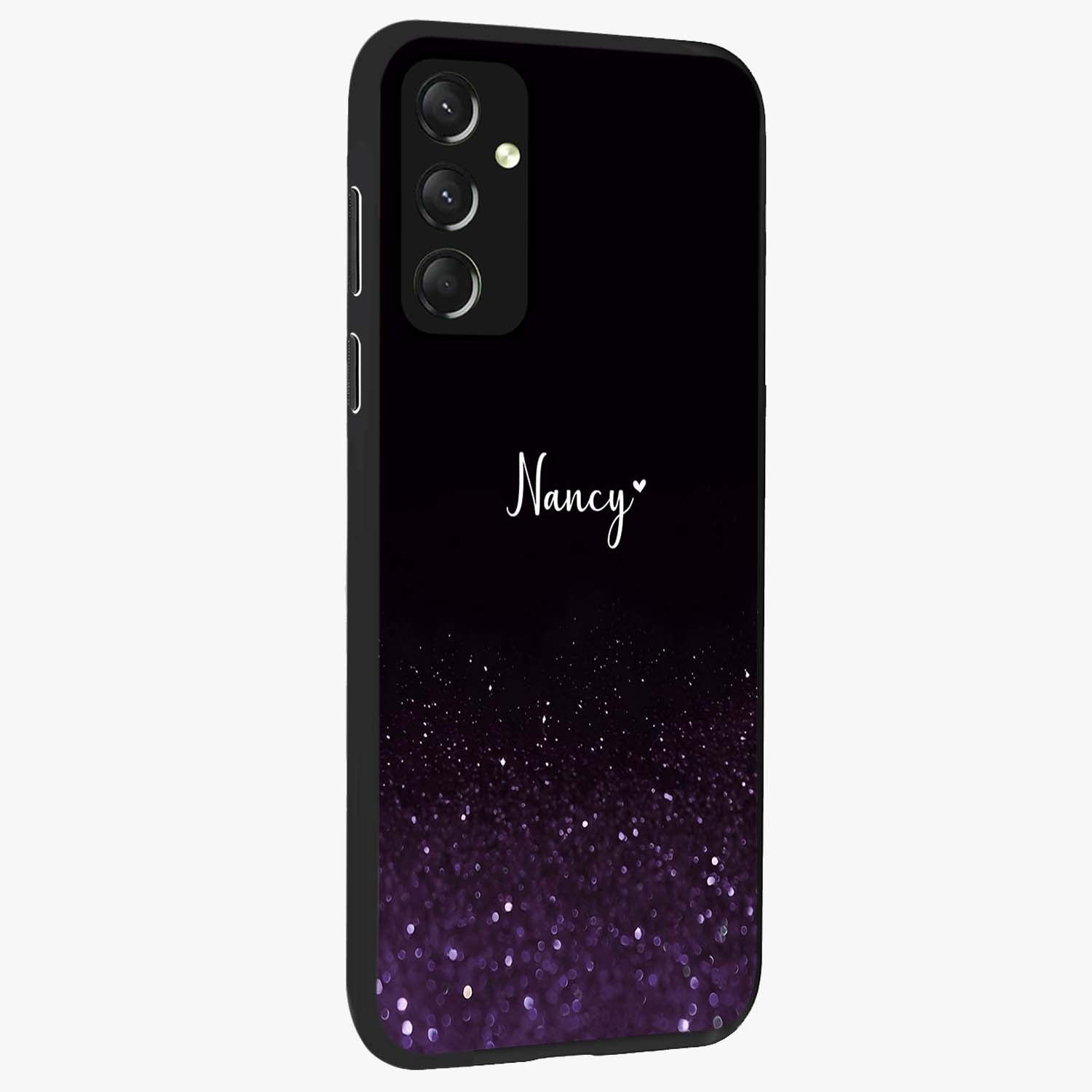 Glittery Purple Bokeh Custom Name Glass Case upright view showcasing vibrant purple sparkle artwork with personalized aesthetic style.