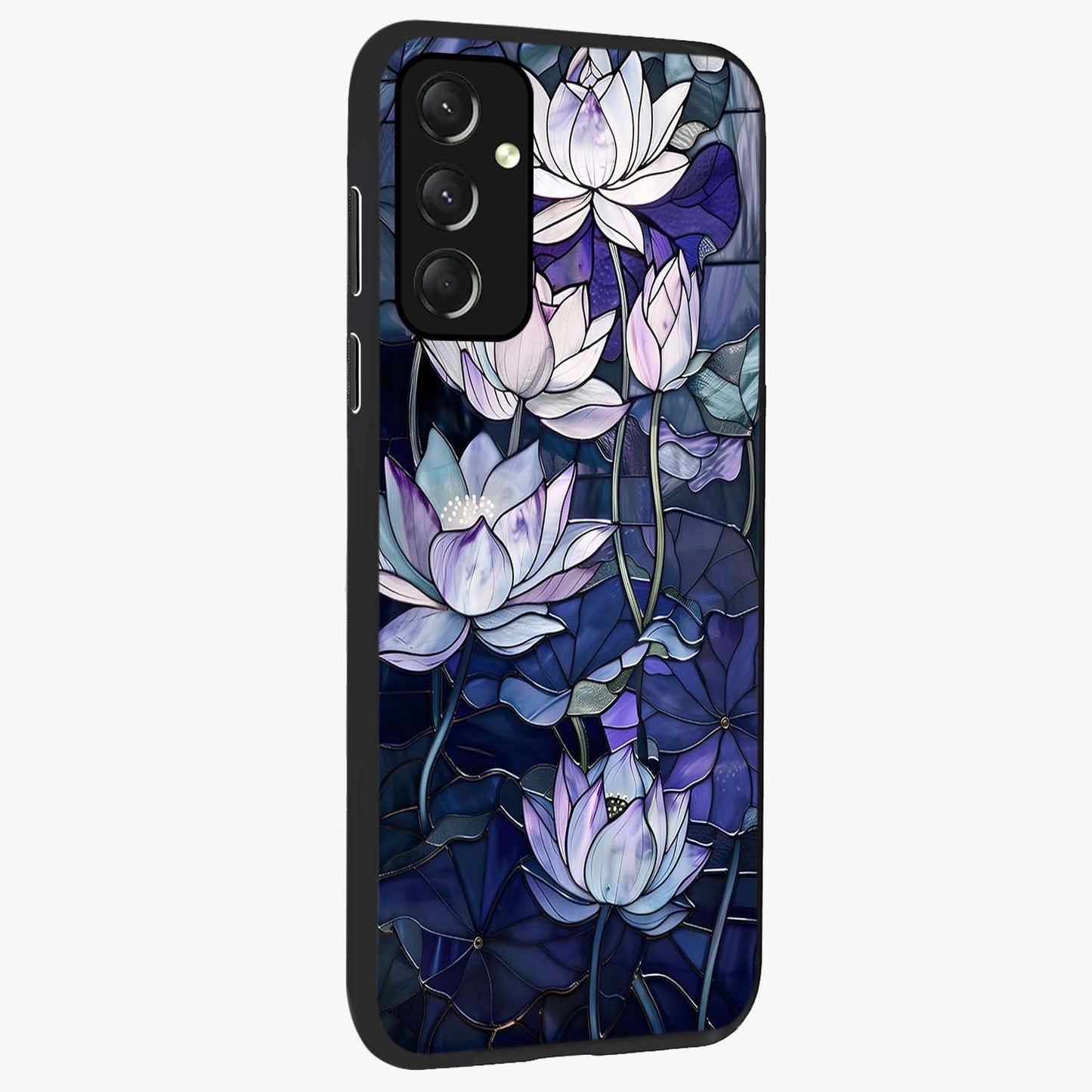 Gloss Petal Rush Glass Case upright view showcasing dynamic floral petal artwork with modern botanical theme.