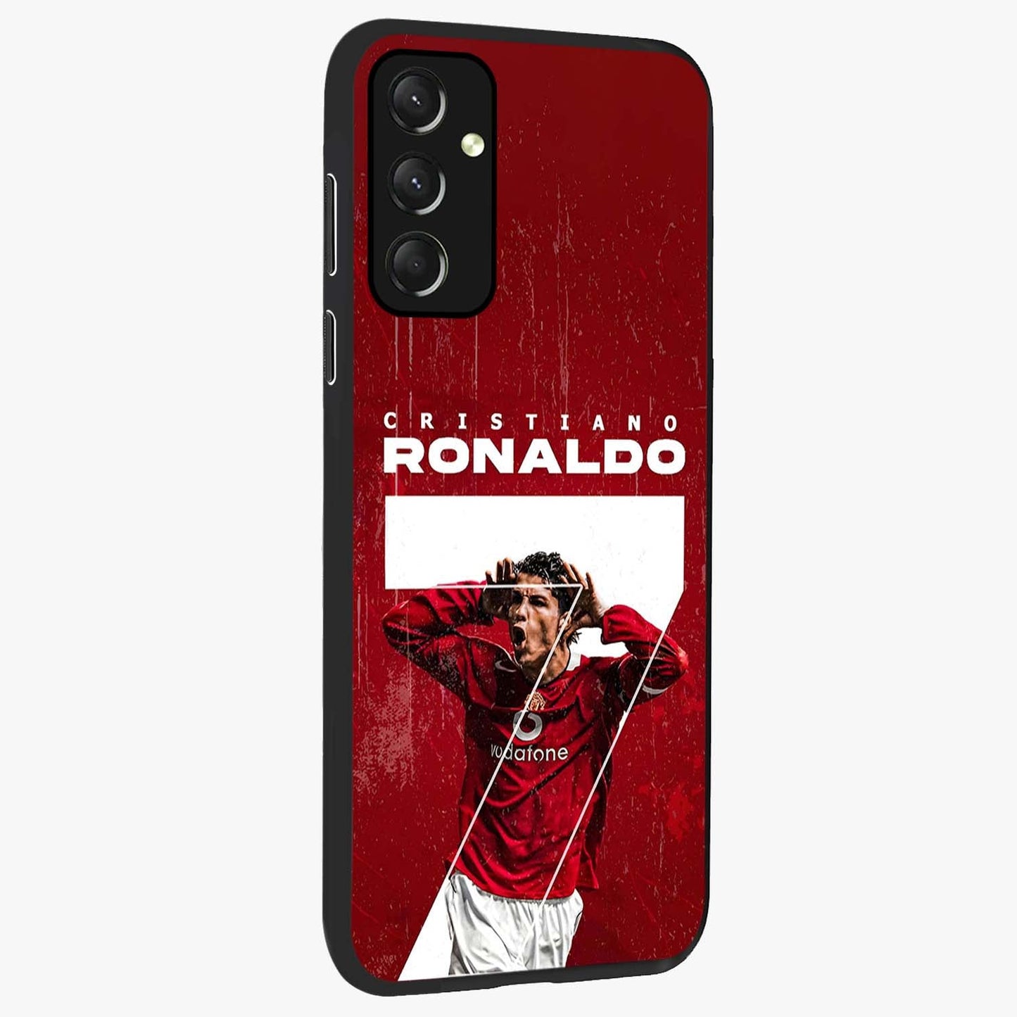 Goal Celebration Legacy Glass Case upright view showcasing dynamic football inspired artwork with victory celebration aesthetic.