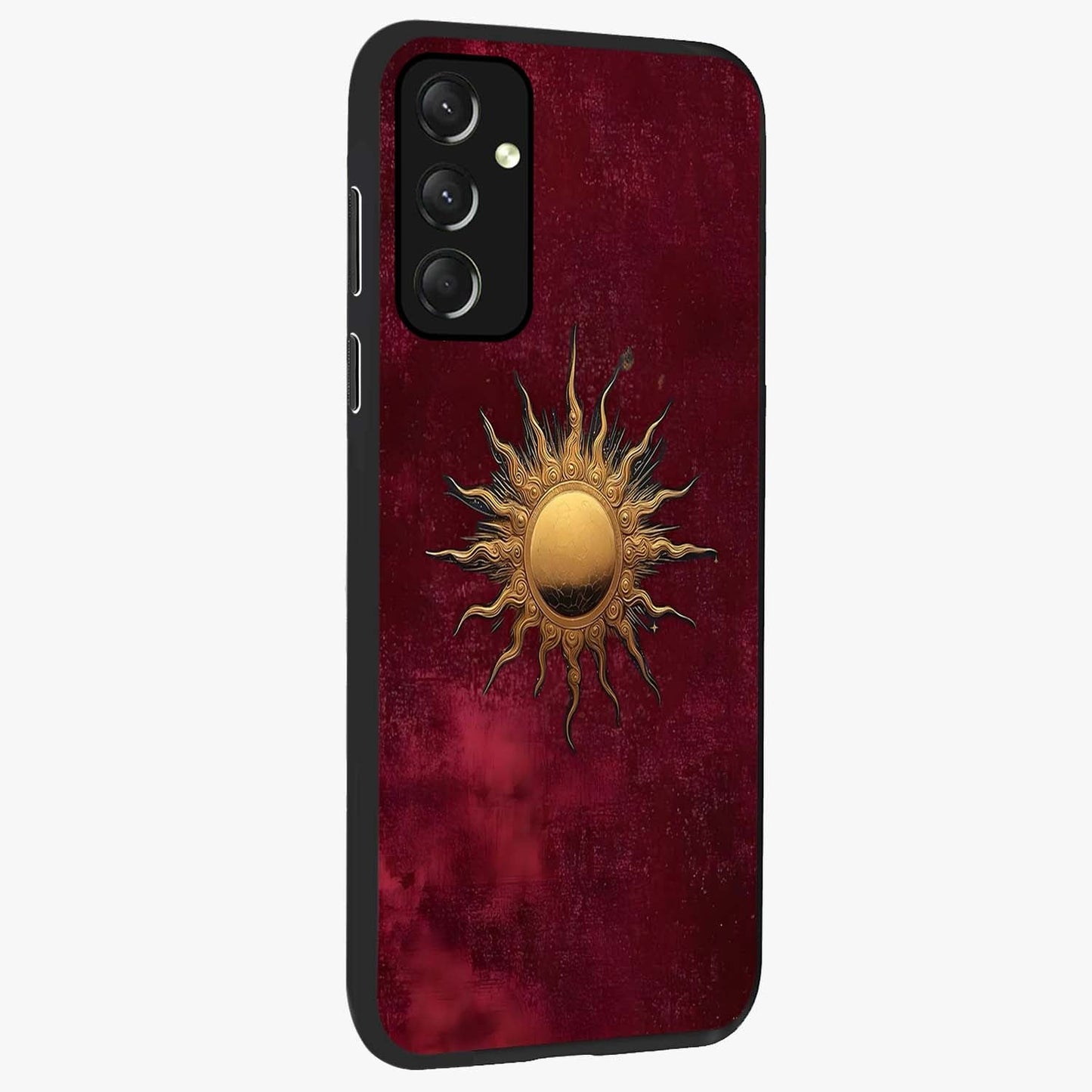 Golden Sun Minimalism Glass Case upright view showcasing simple golden sun artwork with elegant minimalist style.