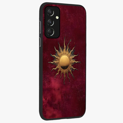 Golden Sun Minimalism Glass Case upright view showcasing simple golden sun artwork with elegant minimalist style.