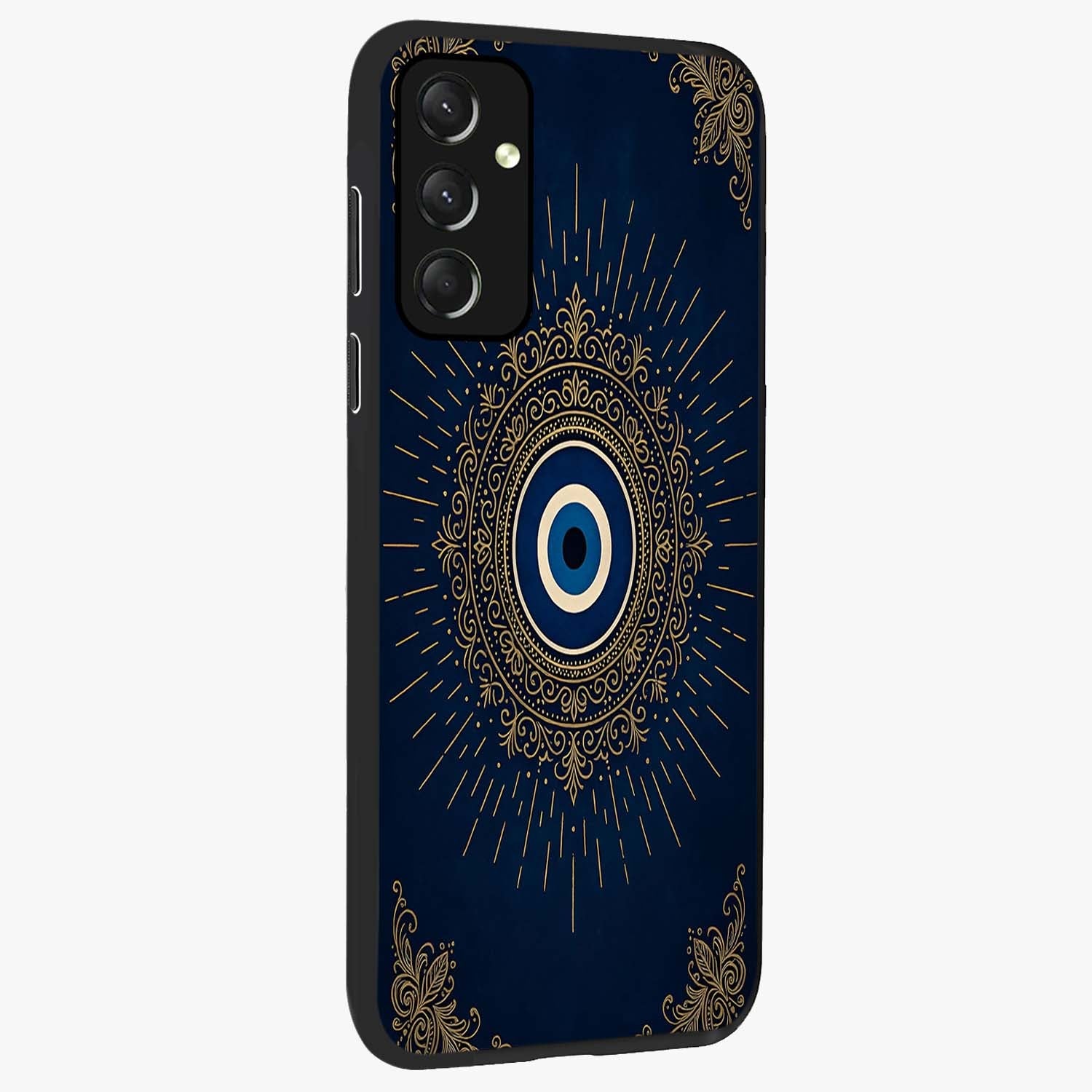 Golden Celestial Charm Glass Case upright view showcasing radiant celestial artwork with elegant golden theme.