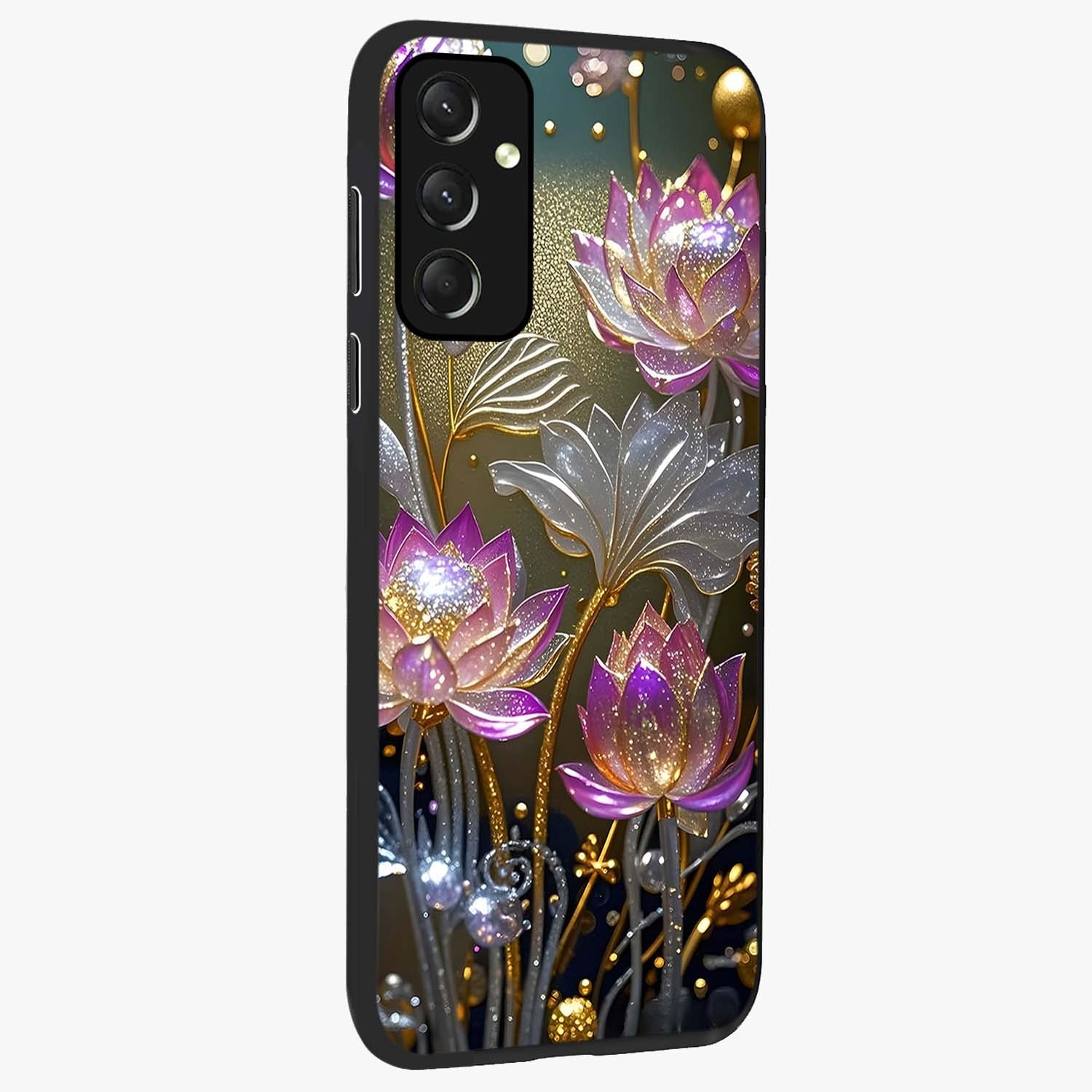 Golden Floral Majesty Glass Case upright view showcasing majestic floral artwork with rich decorative theme.