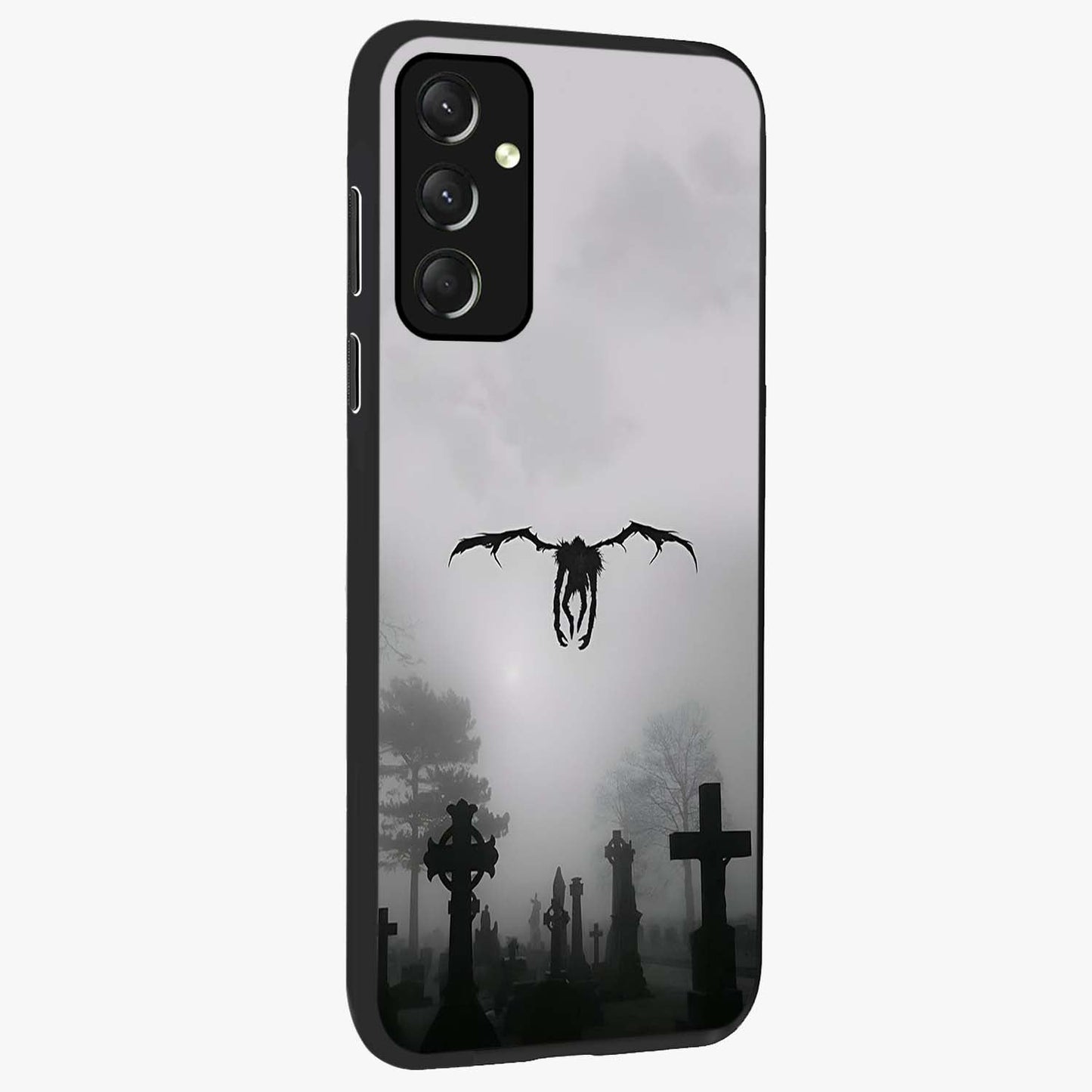 Graveyard Shadow Descent Glass Case upright view showcasing haunting graveyard artwork with dramatic dark theme.