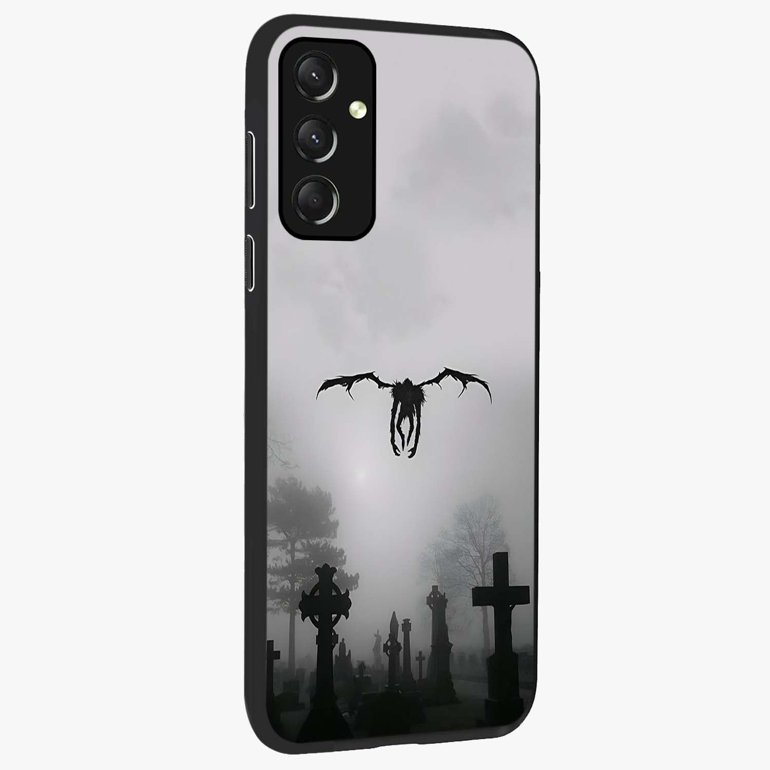 Graveyard Shadow Descent Glass Case upright view showcasing haunting graveyard artwork with dramatic dark theme.