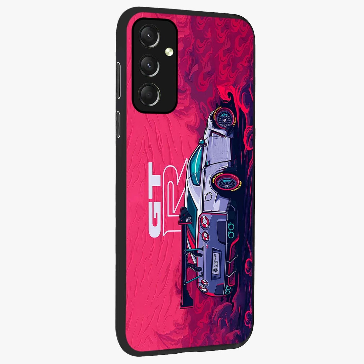 GT-R Car Pattern Glass Case upright view showcasing dynamic car pattern artwork with modern sports theme.