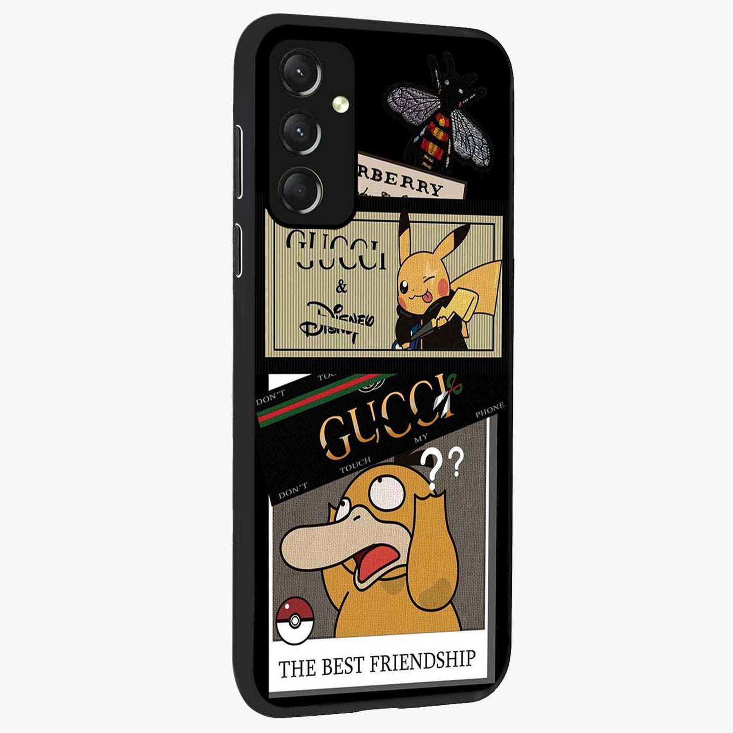 Gucci Play Mashup Glass Case upright view showcasing trendy luxury inspired artwork with modern fashion theme.