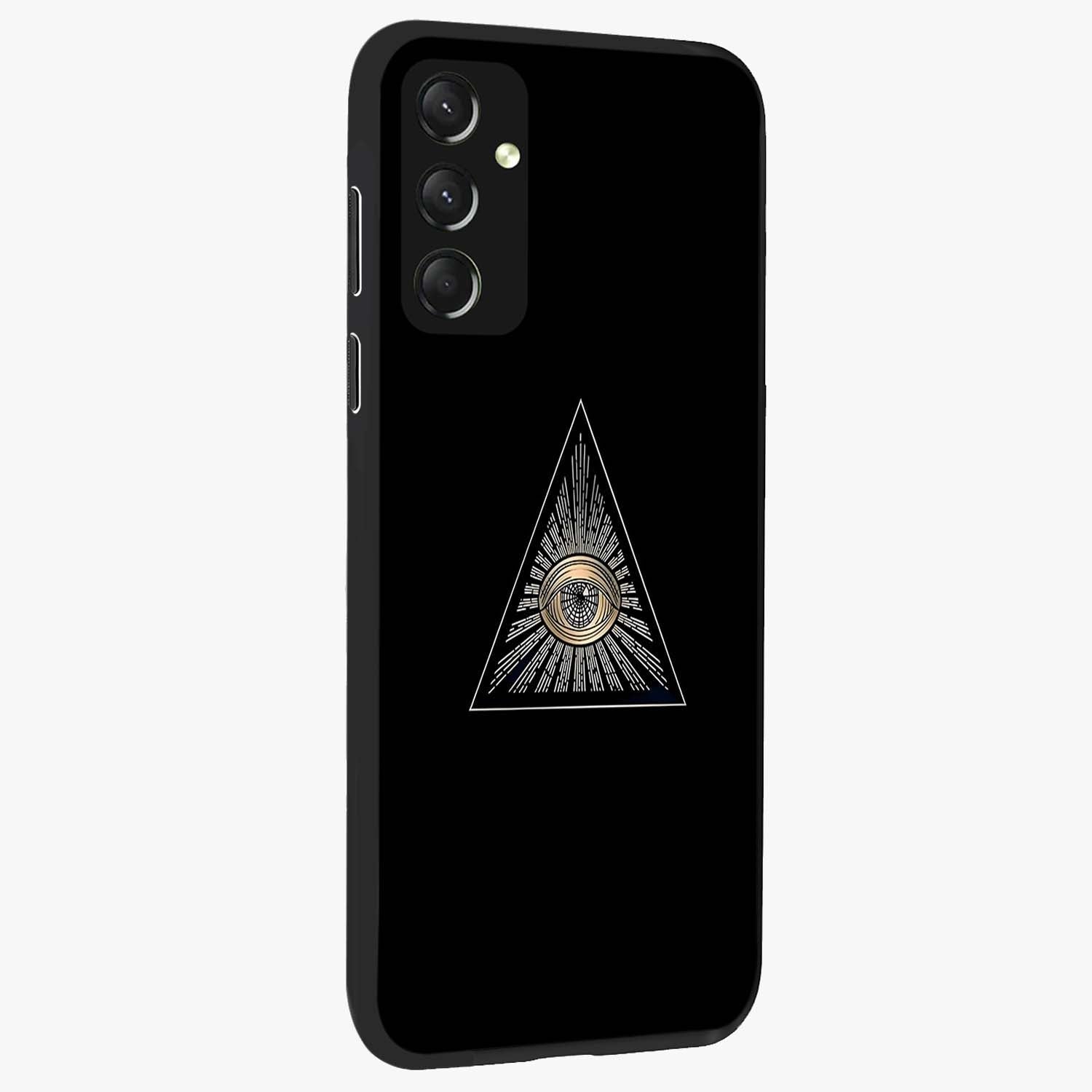 Illuminati Evil Glass Case upright view showcasing striking illuminati artwork with mysterious symbolic theme.