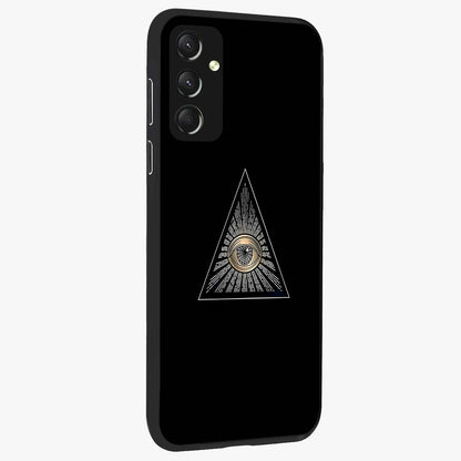 Illuminati Evil Glass Case upright view showcasing striking illuminati artwork with mysterious symbolic theme.