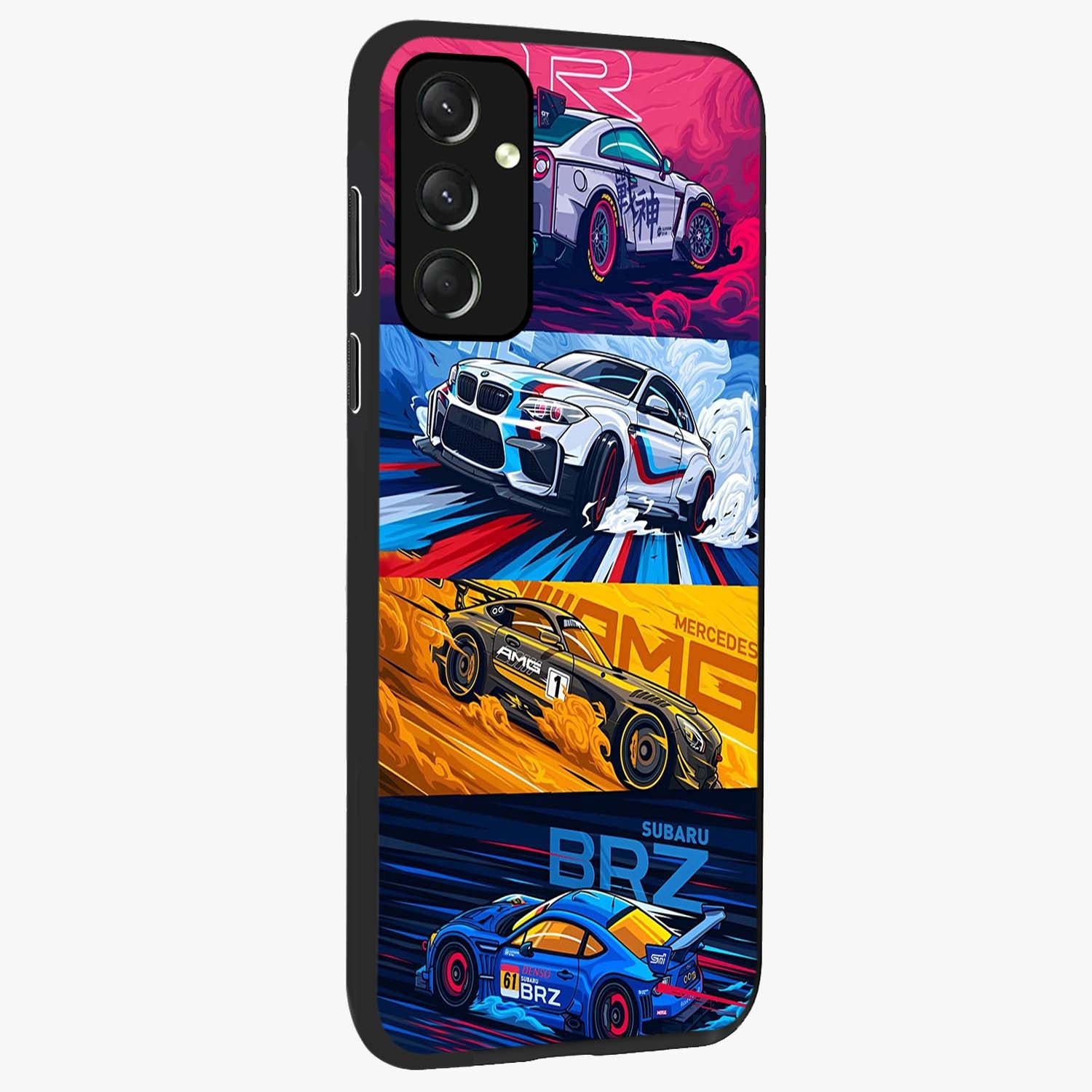 JDM Sports Car Glass Case upright view showcasing dynamic sports car artwork with bold racing theme.