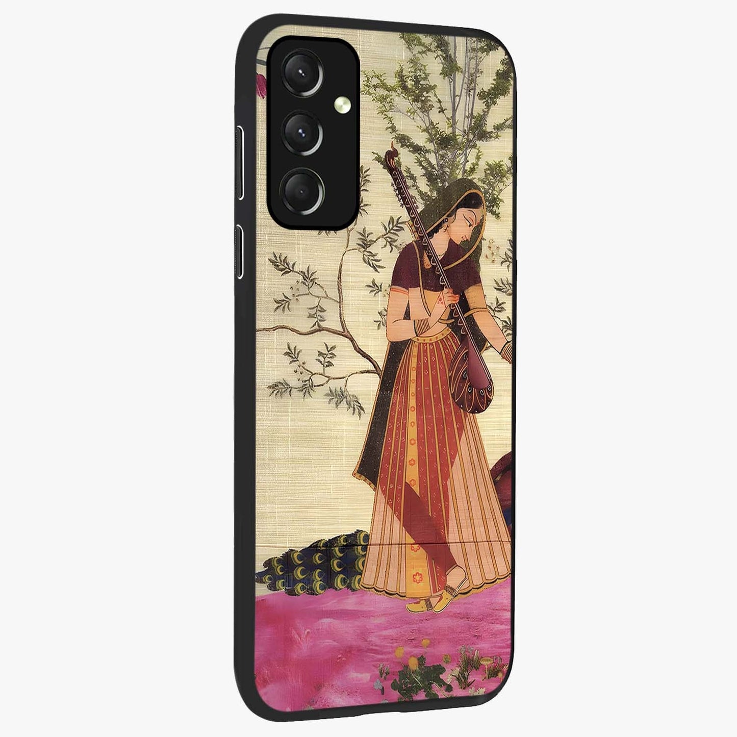 Lady With Veena Art Glass Case upright view showcasing classical veena artwork with traditional artistic theme.
