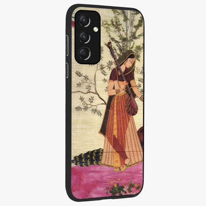 Lady With Veena Art Glass Case upright view showcasing classical veena artwork with traditional artistic theme.