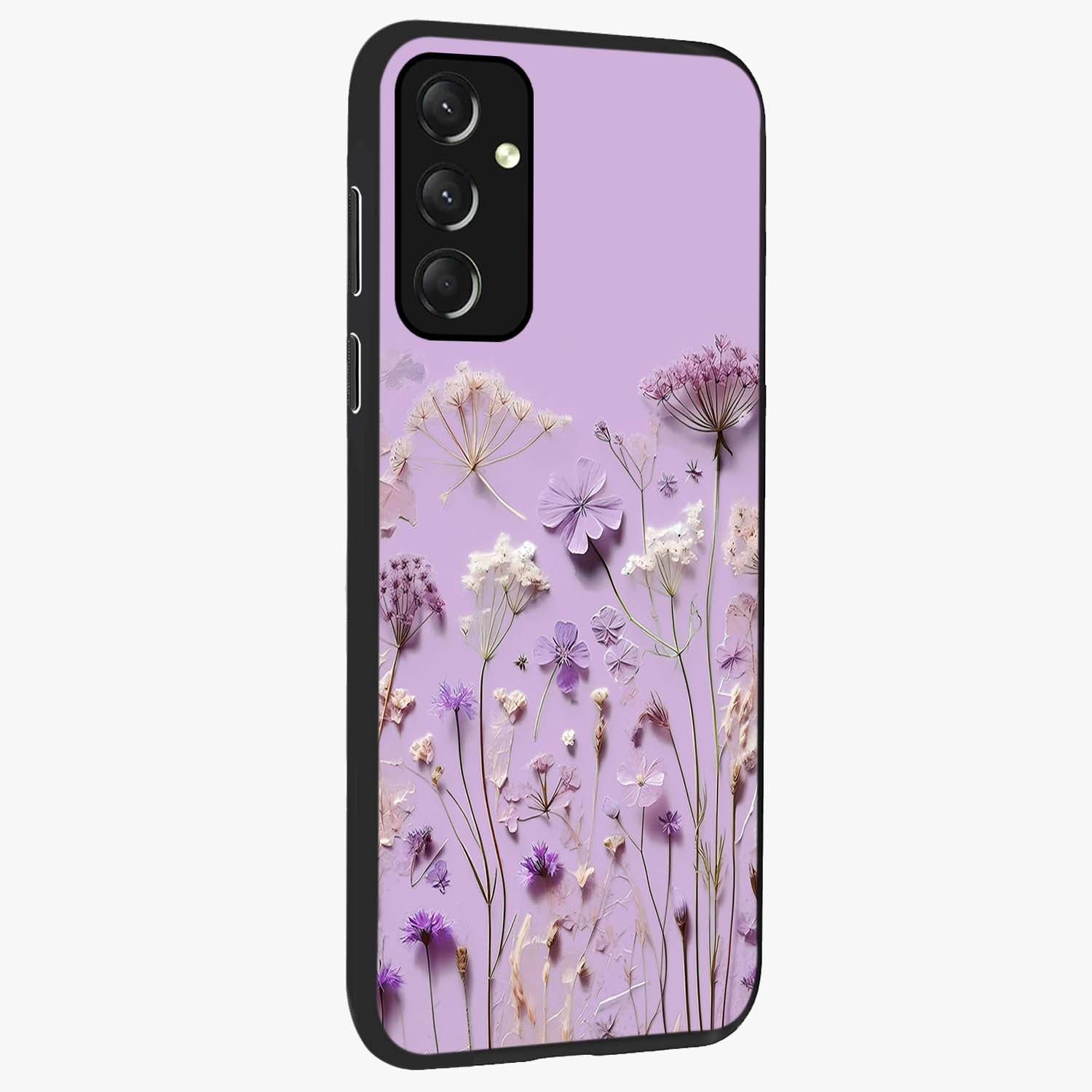 Lavender Blossom Dream Glass Case upright view showcasing delicate lavender blossom artwork with peaceful floral theme.