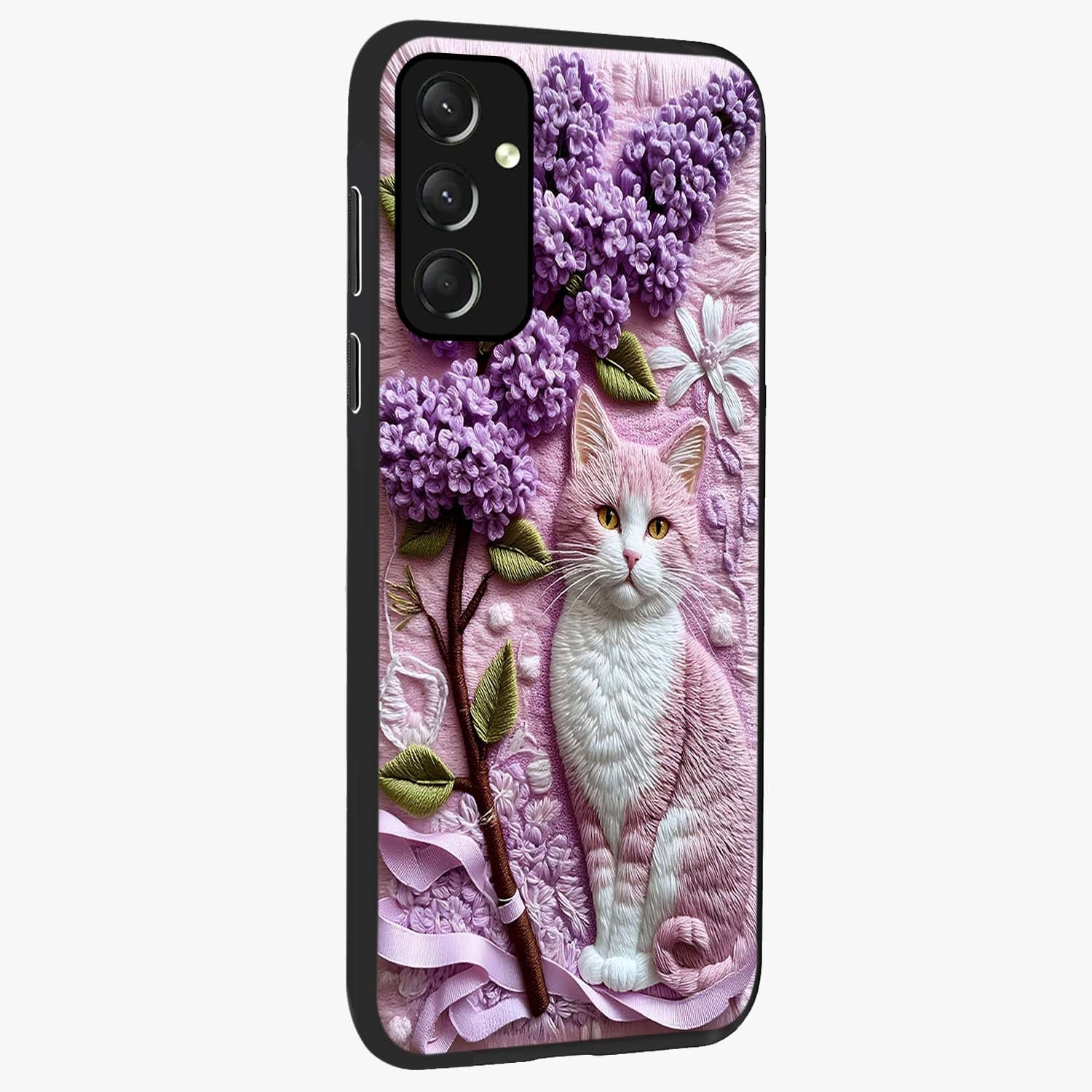 Lavender Cat Whimsy Glass Case upright view showcasing charming cat artwork with whimsical lavender theme.