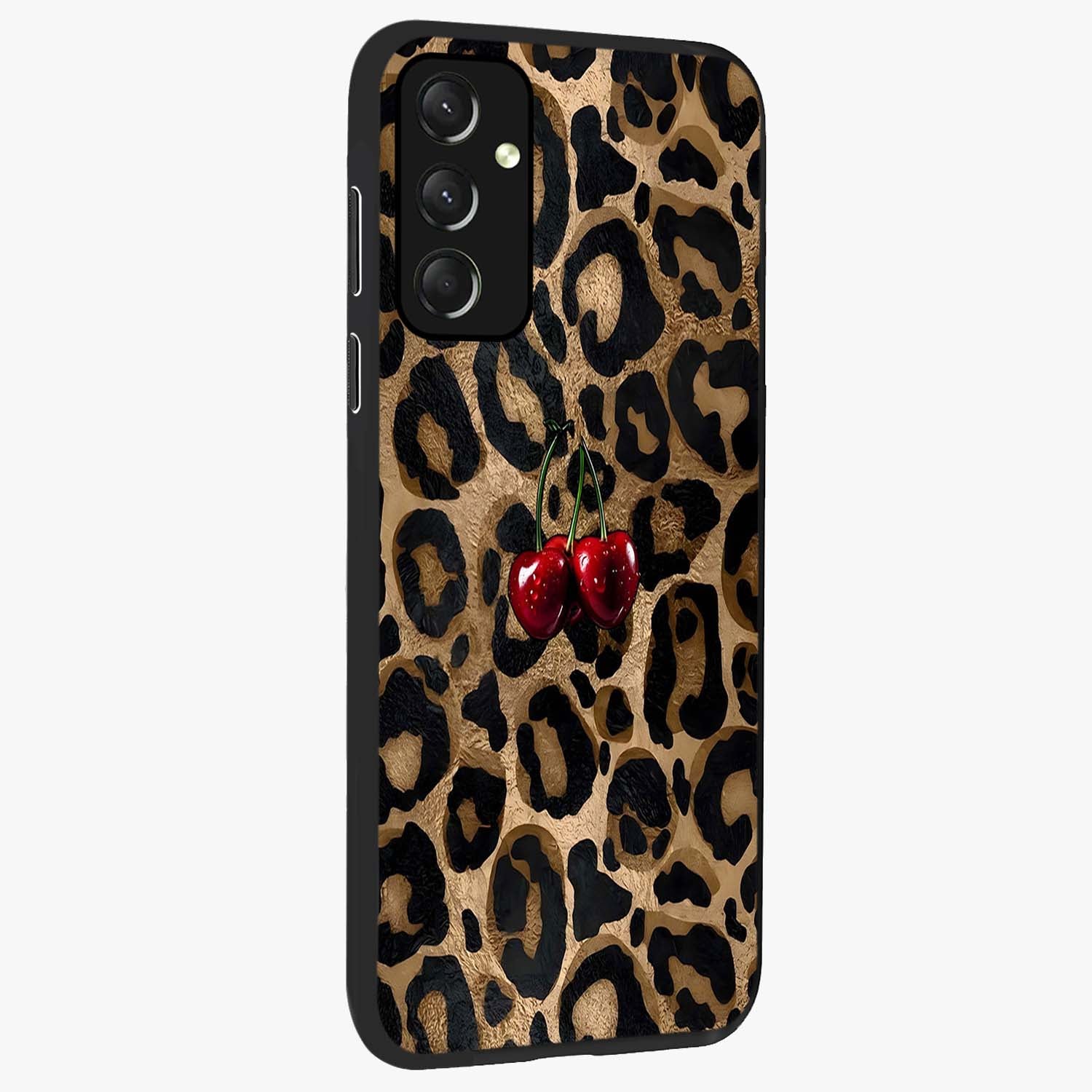 Leopard Wild Cherry Glass Case upright view showcasing stylish leopard pattern artwork with trendy fashion theme.