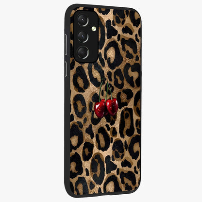 Leopard Wild Cherry Glass Case upright view showcasing stylish leopard pattern artwork with trendy fashion theme.