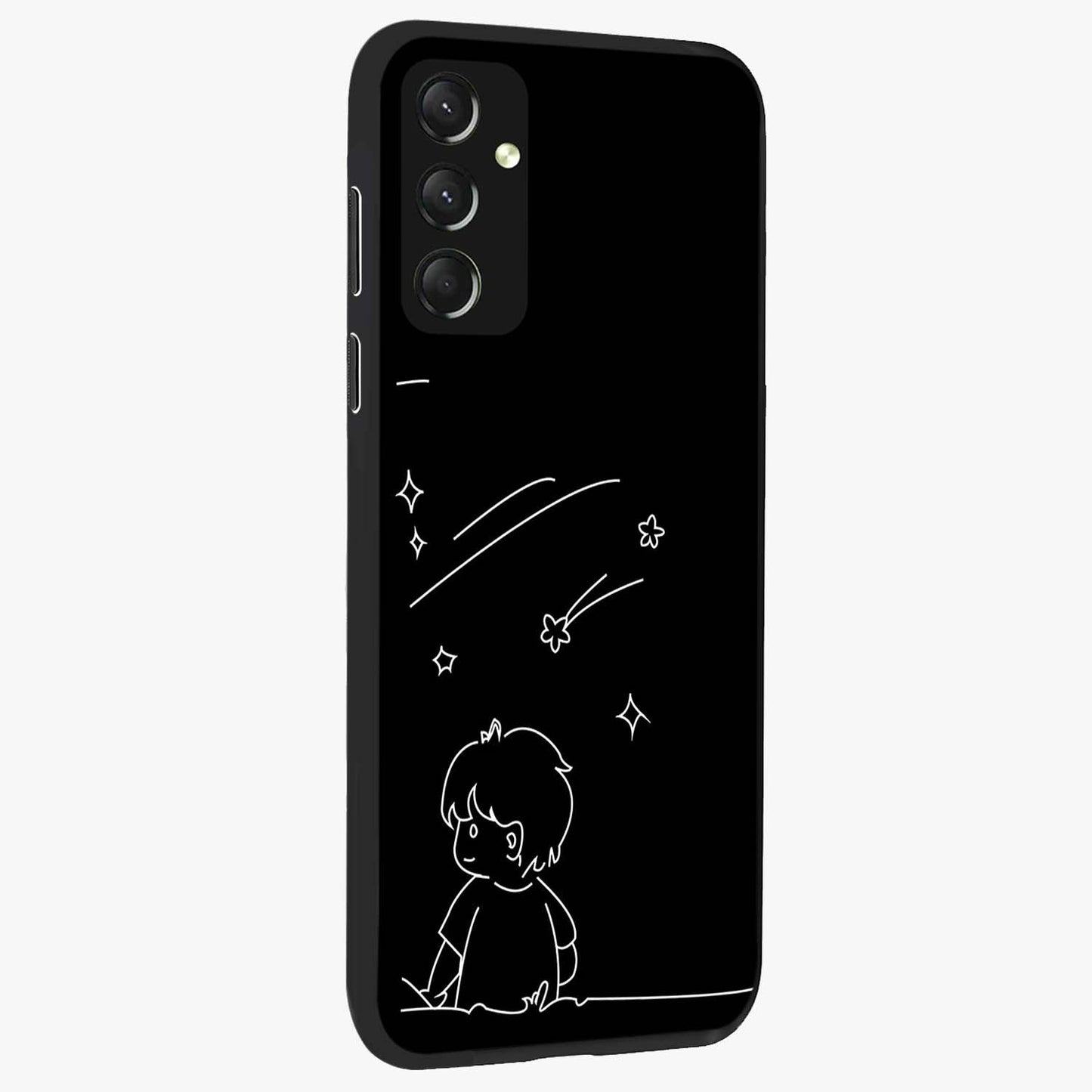 Line Art Boy With Shooting Stars Glass Case upright view showcasing artistic shooting star illustration with minimal style.