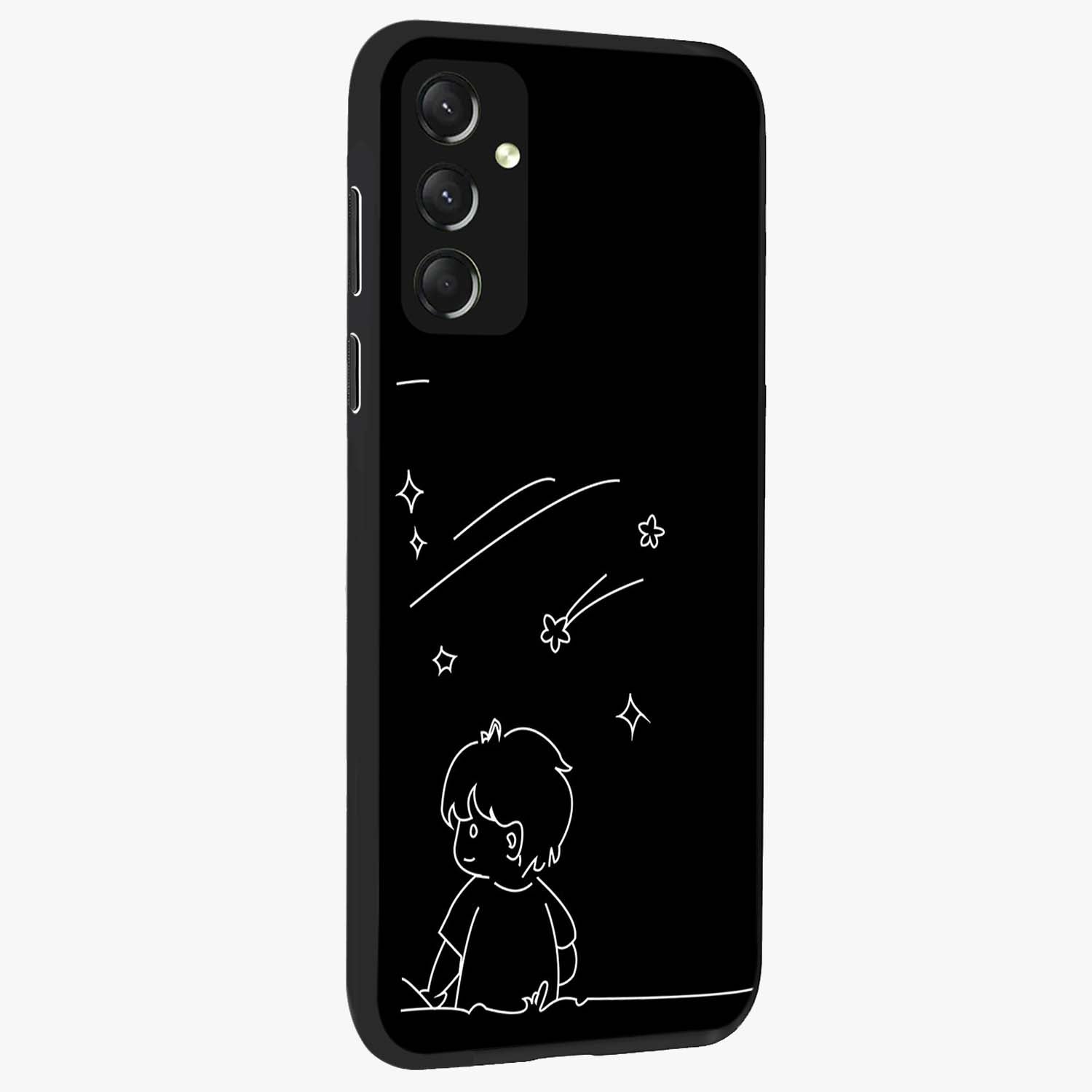 Line Art Boy With Shooting Stars Glass Case upright view showcasing artistic shooting star illustration with minimal style.