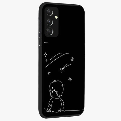 Line Art Boy With Shooting Stars Glass Case upright view showcasing artistic shooting star illustration with minimal style.