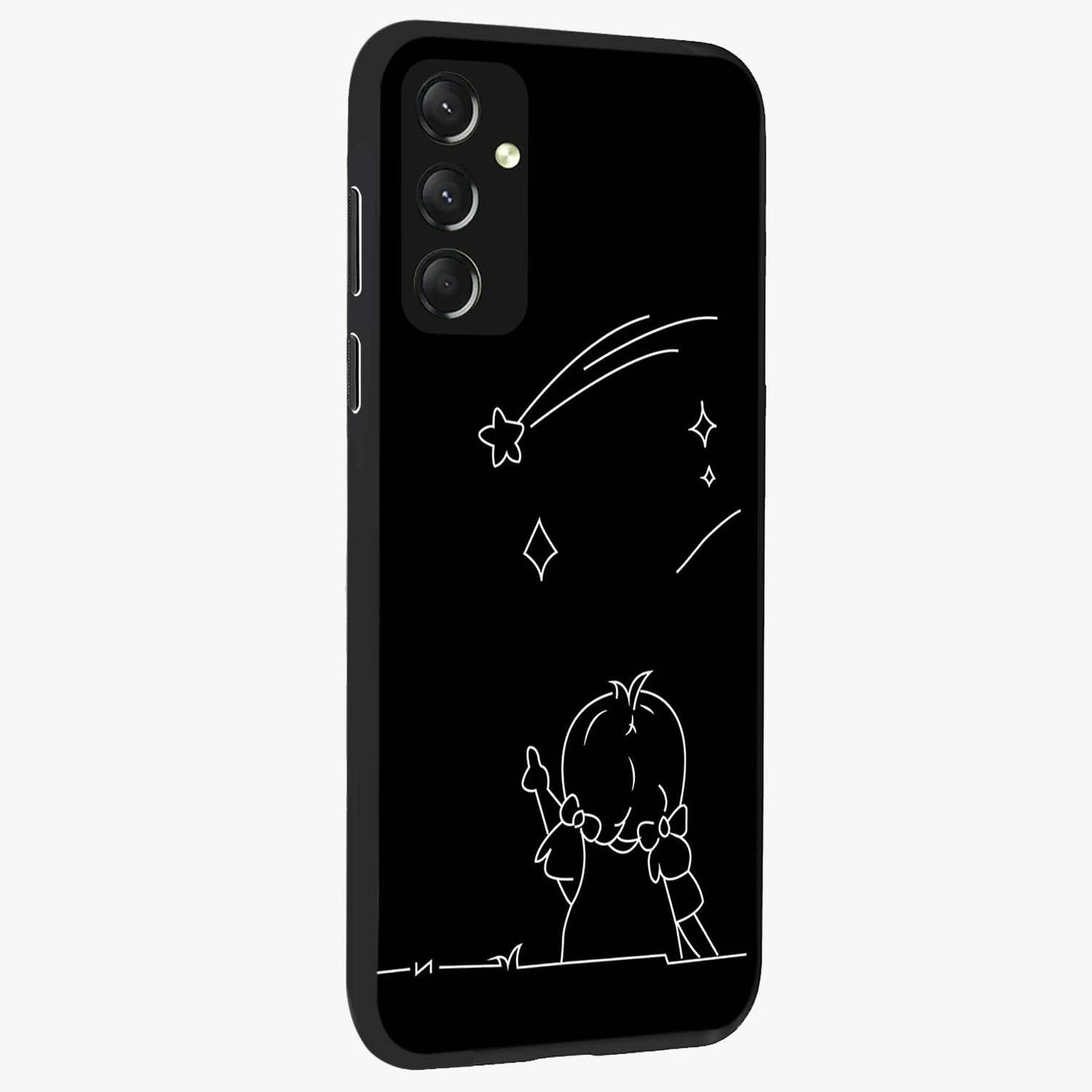 Line Art Girl With Shooting Stars Glass Case upright view showcasing delicate shooting stars artwork with minimal artistic theme.