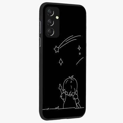Line Art Girl With Shooting Stars Glass Case upright view showcasing delicate shooting stars artwork with minimal artistic theme.